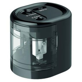   Hegyező, kétlyukú, asztali, elemes, USB töltővel, RAPESCO"PS12-USB", fekete