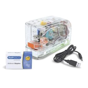 Tűzőgép, 26/6, 15 lap, elemes, USB töltővel, RAPESCO "626EL", átlátszó   Tűzőgép, 26/6, 15 lap, elemes, USB töltővel, RAPESCO "626EL", átlátszó