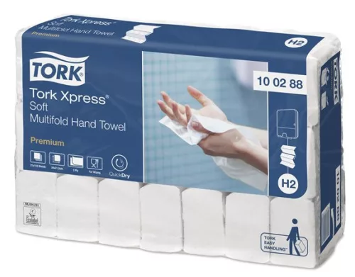Kéztörlő, Interfold hajtás, 2 rétegű, 110 lap, H2 rendszer, Premium, TORK "Xpress Soft Multifold", fehér