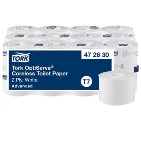Toalettpapír, belsőmag nélküli, T7 rendszer, 2 rétegű, 13,1 cm átmérő, Advanced, TORK "OptiServe", fehér   Toalettpapír, belsőmag nélküli, T7 rendszer, 2 rétegű, 13,1 cm átmérő, Advanced, TORK "OptiServe", fehér