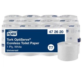 Toalettpapír, belsőmag nélküli, T7 rendszer, 1 rétegű, 13,1 cm átmérő, Universal, TORK "OptiServe", fehér   Toalettpapír, belsőmag nélküli, T7 rendszer, 1 rétegű, 13,1 cm átmérő, Universal, TORK "OptiServe", fehér
