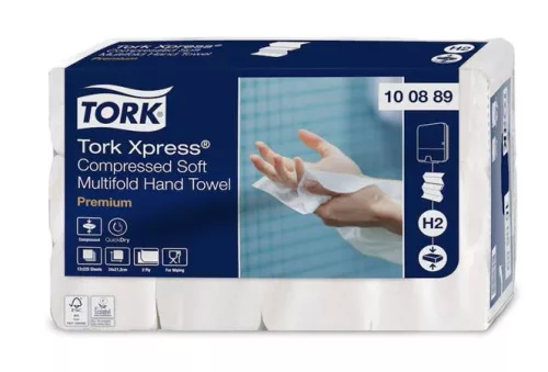 Kéztörlő, tömörített, Interfold, 2 réteg, 225 lap, H2 rendszer, Premium, TORK "Xpress Soft Multifold", fehér