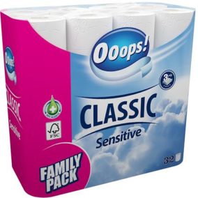Toalettpapír, 3 rétegű, kistekercses, 32 tekercs, OOOPS "Classic", sensitive   Toalettpapír, 3 rétegű, kistekercses, 32 tekercs, OOOPS "Classic", sensitive