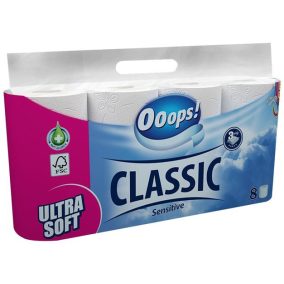 Toalettpapír, 3 rétegű, kistekercses, 8 tekercs, OOOPS "Classic", sensitive   Toalettpapír, 3 rétegű, kistekercses, 8 tekercs, OOOPS "Classic", sensitive