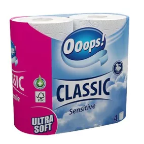   Toalettpapír, 3 rétegű, kistekercses, 4 tekercs, OOOPS "Classic", sensitive