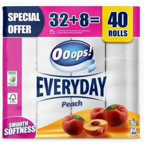   Toalettpapír, 3 rétegű, kistekercses, 32+8 tekercs, OOOPS "Everyday", barack illat