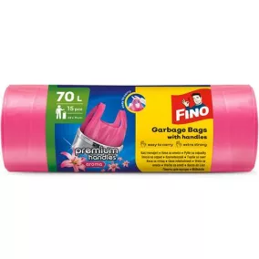   Szemeteszsák, köthető füles, illatosított, 70 l, 15 db, 62x73 cm, 16 µ, FINO "Premium handles", rózsaszín