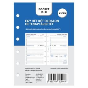 Kalendárium betét, tervező, Filofaxhoz, pocket méret, heti, 1 hét/2 oldal, 2026   Kalendárium betét, tervező, Filofaxhoz, pocket méret, heti, 1 hét/2 oldal, 2026