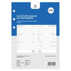 Kalendárium betét, tervező, Filofaxhoz, A5, heti, 1 hét/2 oldal, 2026   Kalendárium betét, tervező, Filofaxhoz, A5, heti, 1 hét/2 oldal, 2026