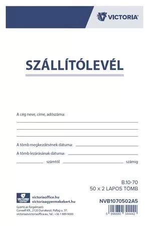 Nyomtatvány, szállítólevél, 50x2, A5, VICTORIA PAPER "B.10-70", 10 tömb/csomag