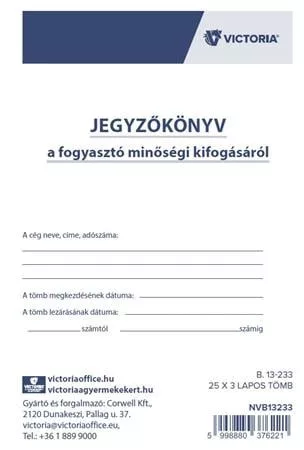 Nyomtatvány, jegyzőkönyv a fogyasztó minőségi kifogásáról, 25x3, A5, VICTORIA PAPER, "B.13-233", 20 tömb/csomag