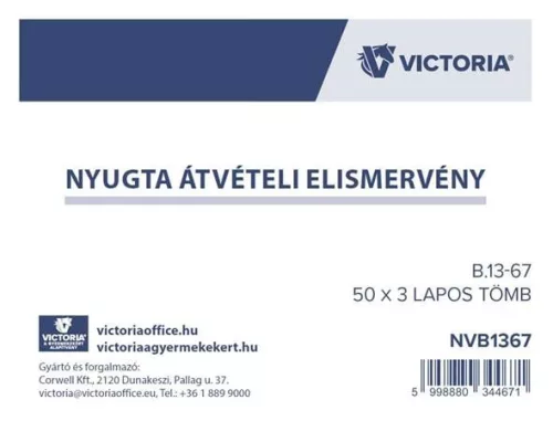 Nyomtatvány, nyugta átvételi elismervény, 50x3, A6, VICTORIA PAPER "B.13-67", 10 tömb/csomag