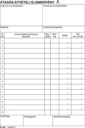 Nyomtatvány, átadás-átvételi elismervény, 25x3, A5, VICTORIA PAPER "B.13-69", 10 tömb/csomag