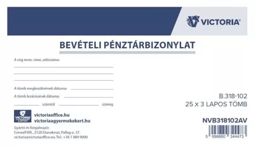 Nyomtatvány, bevételi pénztárbizonylat, 25x3, VICTORIA PAPER "B.318-102", 10 tömb/csomag