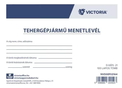 Nyomtatvány, menetlevél, tehergépjármű, 100 lap, A4, fekvő, VICTORIA PAPER, "D.GÉPJ.21.", 10 tömb/csomag