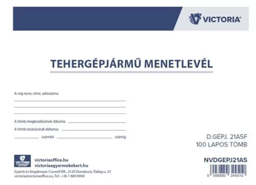 Nyomtatvány, menetlevél, tehergépjármű, 100 lap, A5, fekvő, VICTORIA PAPER, "D.GÉPJ.21.", 10 tömb/csomag