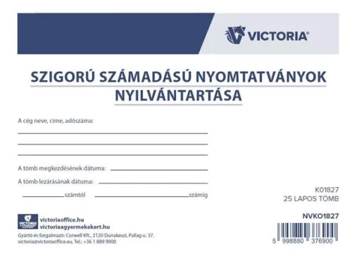 Nyomtatvány, szigorú számadású nyomtatványok nyilvántartása, 25 lap, A4, VICTORIA PAPER, 10 tömb/csomag