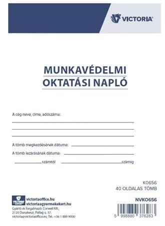 Nyomtatvány, munkavédelmi oktatási napló, 40 oldal, A4, VICTORIA PAPER, 10 tömb/csomag