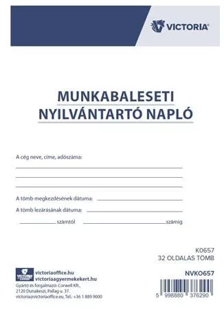 Nyomtatvány, munkabaleseti nyilvántartó napló, 32 oldal, A4, VICTORIA PAPER, 10 tömb/csomag