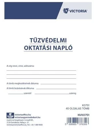 Nyomtatvány, tűzvédelmi oktatási napló, 40 oldal, A4, VICTORIA PAPER, 10 tömb/csomag