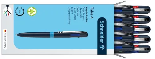 Golyóstoll, 0,5 mm, nyomógombos, négyszínű, SCHNEIDER "Take 4", sötétkék