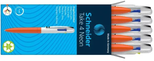 Golyóstoll, 0,5 mm, nyomógombos, négyszínű, SCHNEIDER "Take 4 Neon", narancs-fehér