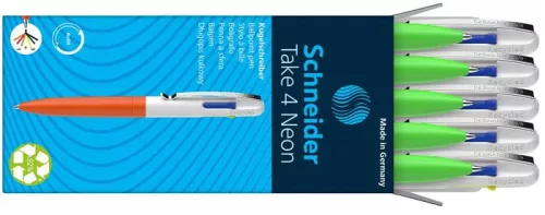 Golyóstoll, 0,5 mm, nyomógombos, négyszínű, SCHNEIDER "Take 4 Neon", zöld-fehér