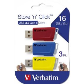 Pendrive, 3 x 16GB, USB 3.2, 80/25MB/sec, VERBATIM "Store n Click", piros, kék, sárga   Pendrive, 3 x 16GB, USB 3.2, 80/25MB/sec, VERBATIM "Store n Click", piros, kék, sárga