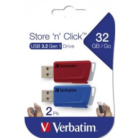 Pendrive, 2 x 32GB, USB 3.2, 80/25MB/sec, VERBATIM "Store n Click", piros, kék   Pendrive, 2 x 32GB, USB 3.2, 80/25MB/sec, VERBATIM "Store n Click", piros, kék