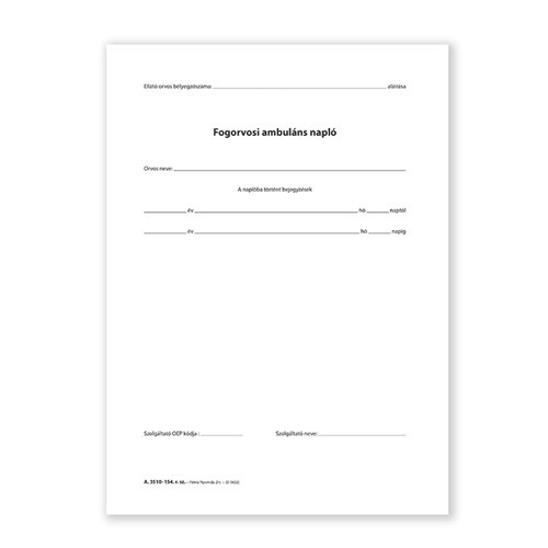 Fogorvosi ambuláns napló 250 lapos könyv A/4 álló