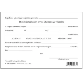   Elsőfokú munkaköri orvosi alkalmassági vélemény szabadlap A/5 fekvő