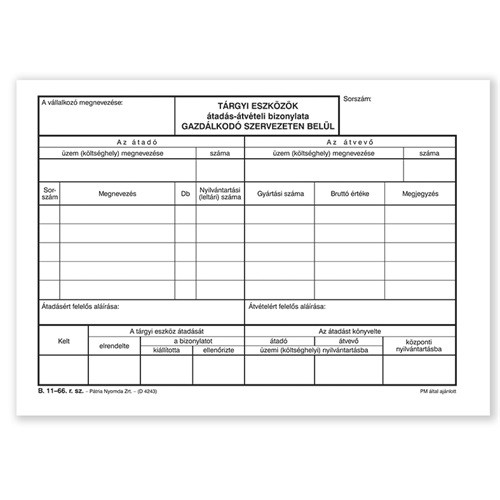 Tárgyi eszközök átadás-átvétel bizonylat gazdálkodó szervezeten belül 25x4 lapos tömb A/5 fekvő