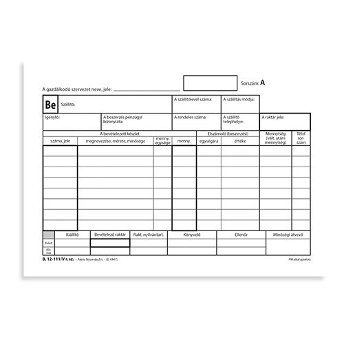 Készletbevételezési bizonylat 8 tételes 25x4 lapos tömb A/5 fekvő