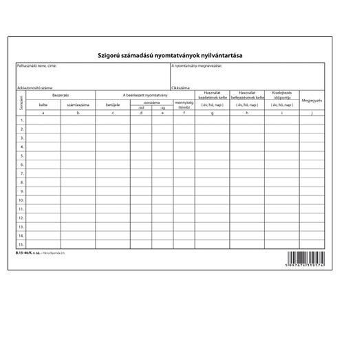 Szigorú számadású nyomtatványok nyilvántartása A/4 fekvő karton
