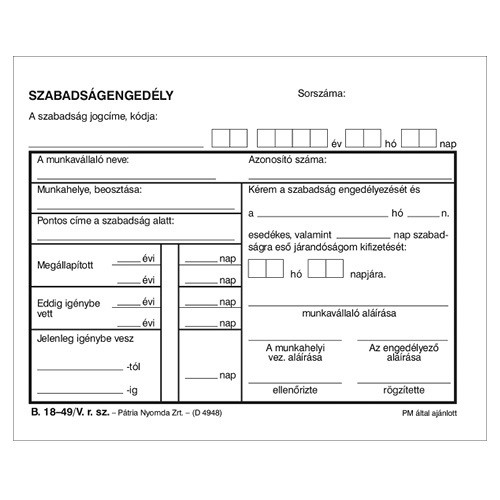 Szabadságengedély 50x2 lapos tömb A/6 fekvő