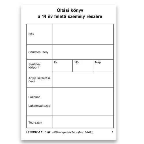 Védőoltási könyv 14 év feletti személy részére 8 lapos füzet