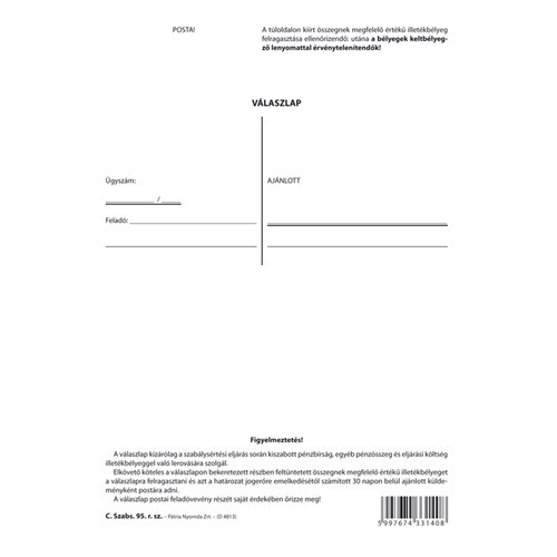 Válaszlap pénzbírság postai befizetésére szabadlap A/5 álló