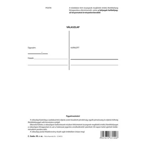 Válaszlap pénzbírság postai befizetésére szabadlap A/5 álló