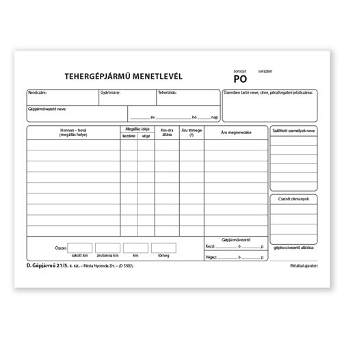Tehergépjármű menetlevél 100 lapos tömb A/5 fekvő