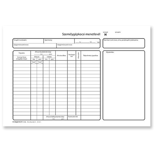 Személygépkocsi menetlevél 100 lapos tömb A/4 fekvő