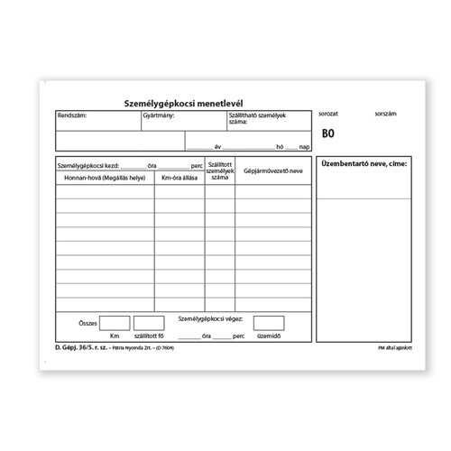 Személygépkocsi menetlevél 100 lapos tömb A/5 fekvő