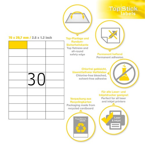 Etikett címke Topstick 70x29.7 mm szegély nélküli 100 ív 3000 db/doboz