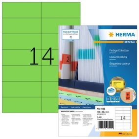 Etikett címke Herma 105x42.3 mm szegély nélküli zöld 100 ív 1400 db/doboz   Etikett címke Herma 105x42.3 mm szegély nélküli zöld 100 ív 1400 db/doboz