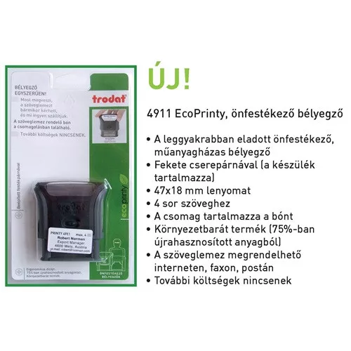 Bélyegző Trodat 4911 Eco szövegbélyegző a szöveglemez rendelésre jogosító bónnal